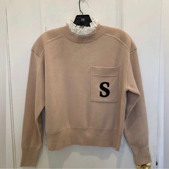 Sandro Lucille Ruffled Collar Monogram Embroidered Beige Sweater GUC - Picture 4 of 5